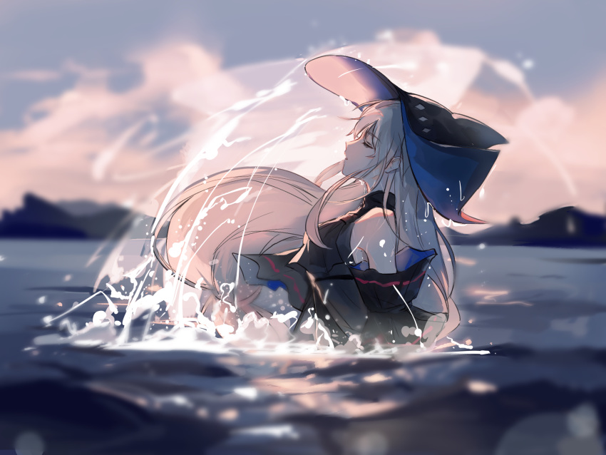 1girl apple_da-ze arknights bangs bare_shoulders black_headwear breasts closed_eyes commentary_request eyebrows_visible_through_hair from_side highres long_hair medium_breasts outdoors partially_submerged profile silver_hair skadi_(arknights) solo upper_body water