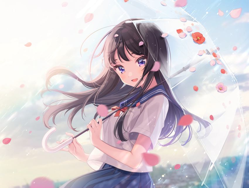1girl :d bangs black_hair blue_eyes blue_sailor_collar blue_skirt blurry blurry_background blush bow breasts commentary_request day depth_of_field eyebrows_visible_through_hair floating_hair flower hands_up highres holding holding_umbrella long_hair looking_at_viewer open_mouth original outdoors petals pink_flower pleated_skirt rain red_bow red_flower sailor_collar school_uniform serafuku shigure_ui short_sleeves skirt small_breasts smile solo transparent transparent_umbrella umbrella very_long_hair