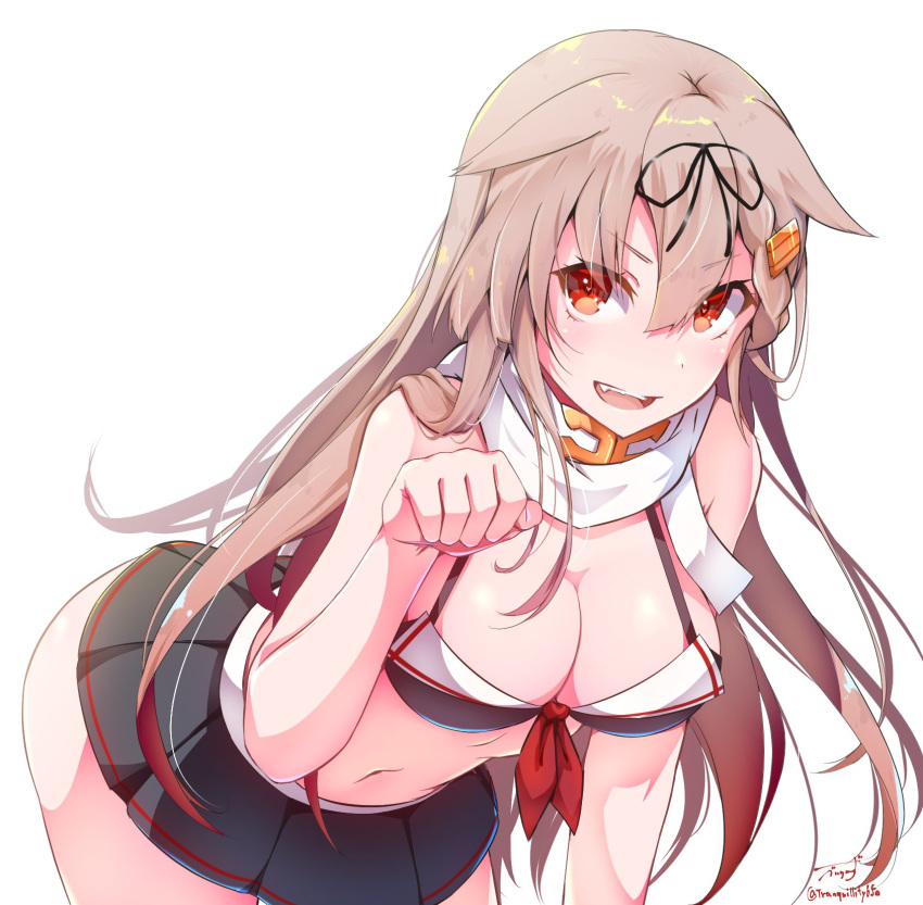1girl alternate_costume baileys_(tranquillity650) bending blonde_hair breasts floating_hair hair_between_eyes hair_ornament highres kantai_collection leaning_forward long_hair looking_at_viewer medium_breasts navel open_mouth red_eyes red_ribbon ribbon skirt swimsuit swimsuit_skirt thighs yuudachi_(kantai_collection)