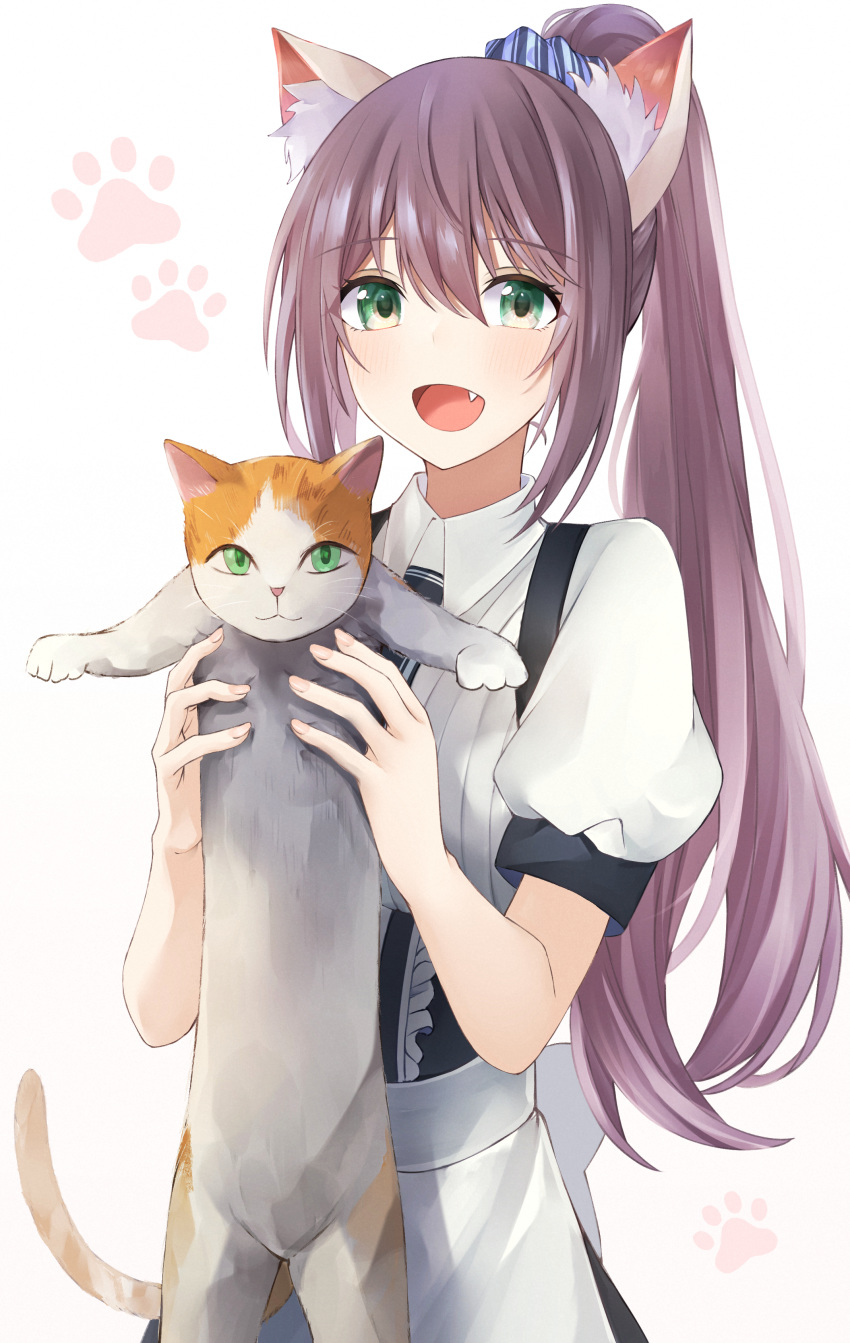 1girl :d absurdres animal animal_ear_fluff animal_ears apron bangs blush cat cat_ears collared_shirt commentary_request cowboy_shot eyebrows_visible_through_hair fang green_eyes hair_ornament hair_scrunchie hands_up highres holding holding_animal holding_cat long_hair looking_at_viewer open_mouth original paw_print ponytail puffy_short_sleeves puffy_sleeves scrunchie shirt short_sleeves smile solo sukuemon tail waist_apron white_shirt wing_collar