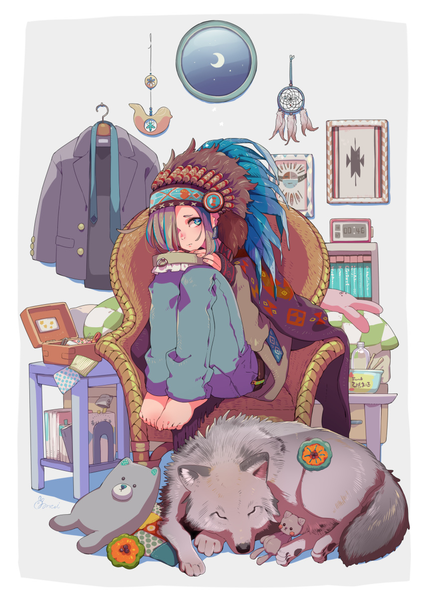 1other absurdres barefoot belt blue_eyes blue_hair brown_hair brown_sweater chair clock clothes_hanger colored_shadow crescent_moon denim digital_clock dream_catcher earrings flower-shaped_pupils hair_over_one_eye headdress highres jeans jewelry knees_up looking_to_the_side moon multicolored_hair native_american_headdress original pants picture_(object) shadow short_hair sleeping_animal sleeves_past_wrists sorata123 stuffed_animal stuffed_bunny stuffed_toy stuffed_wolf sweater table two-tone_hair window wolf