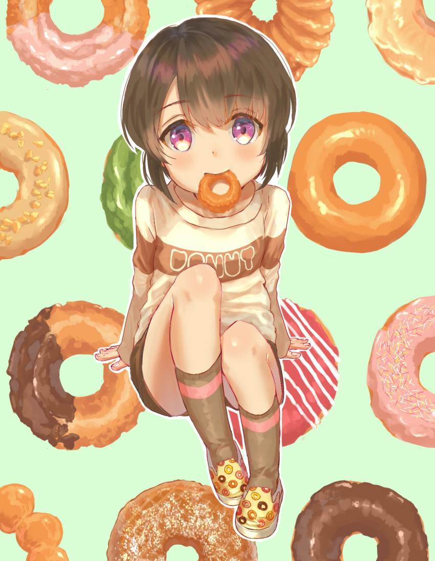 1boy blush brown_hair doughnut eyebrows_visible_through_hair food food_in_mouth highres looking_at_viewer male_focus mouth_hold original shoes short_shorts shorts sitting sneakers takanoberii violet_eyes