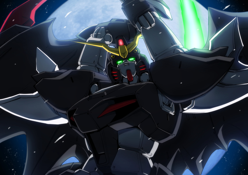 beam_scythe full_moon glowing glowing_eyes gundam gundam_deathscythe_hell_custom gundam_wing gundam_wing_endless_waltz highres mecha moon night no_humans overhead_swing scythe shouji_nigou