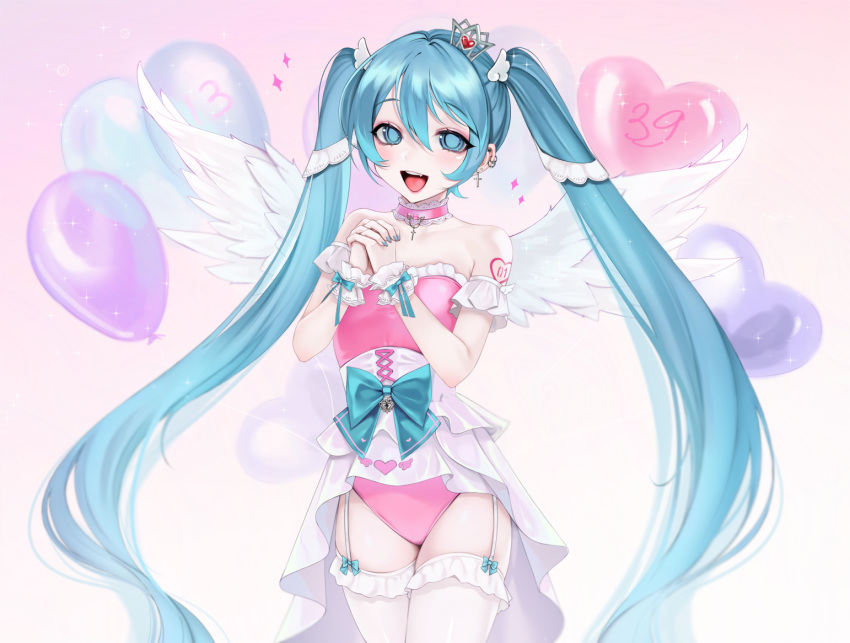1girl aqua_eyes aqua_hair balloon bangs bare_shoulders blush bow breasts choker clothing_request collarbone commentary_request cowboy_shot cross cross_choker crown detached_sleeves fang frilled_choker frilled_leotard frills hair_between_eyes hands_together hands_up hatsune_miku heart heart_balloon heart_print leotard long_hair looking_at_viewer mini_crown ompf open_mouth own_hands_together pillow pink_choker pink_leotard skindentation small_breasts smile solo strapless strapless_leotard striped thigh-highs tongue tongue_out twintails very_long_hair vocaloid white_wings wing_hair_ornament wings