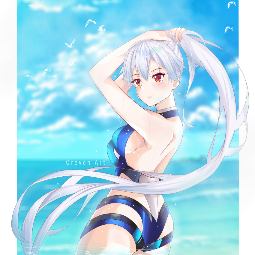 1girl absurdres adjusting_hair artist_name bird blue_sky blue_swimsuit blush border breasts clouds day fate/grand_order fate_(series) hair_between_eyes highleg highleg_swimsuit highres long_hair looking_at_viewer looking_to_the_side medium_breasts ocean one-piece_swimsuit oreven partially_submerged ponytail red_eyes sideboob silver_hair sky smile solo standing swimsuit tomoe_gozen_(fate/grand_order) tomoe_gozen_(swimsuit_saber)_(fate) very_long_hair water white_border