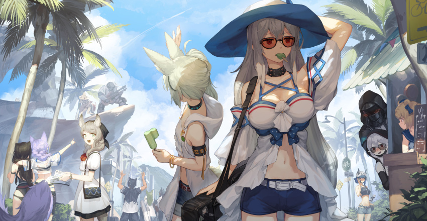 6+girls :d alternate_costume animal_ears arknights armband bangs bare_shoulders belt big_bob_(arknights) bikini bikini_shorts blush bow braid breasts buckle carol_(arknights) ch'en_(arknights) choker commentary courier_(arknights) day doctor_(arknights) english_commentary food grani_(arknights) green_eyes gummy_(arknights) hair_between_eyes hair_bow hat highres holding hood hoodie horns horns_through_headwear jacket jakoujika large_breasts large_tail long_hair looking_at_viewer luggage midriff mouth_hold multiple_girls navel open_mouth outdoors pointing popsicle provence_(arknights) purple_hair red_eyes shirt short_shorts shorts silver_hair skadi_(arknights) skyfire_(arknights) smile stomach straw_hat sunglasses swimsuit tail very_long_hair vigna_(arknights) warfarin_(arknights) wolf_ears wolf_tail