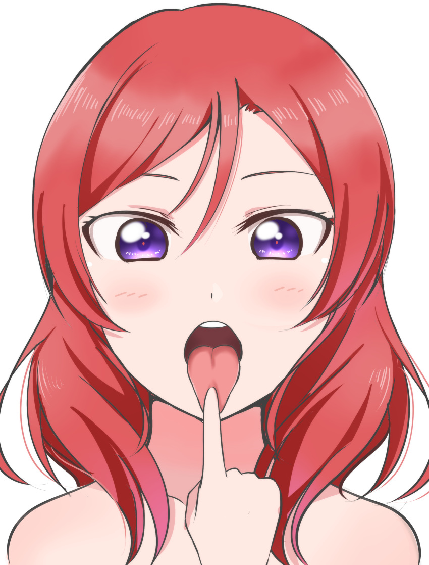 1girl absurdres bangs collarbone hair_between_eyes highres index_finger_raised long_hair looking_at_viewer love_live! love_live!_school_idol_project nishikino_maki nude open_mouth portrait redhead shiny shiny_hair simple_background solo tongue tongue_out violet_eyes wewe white_background