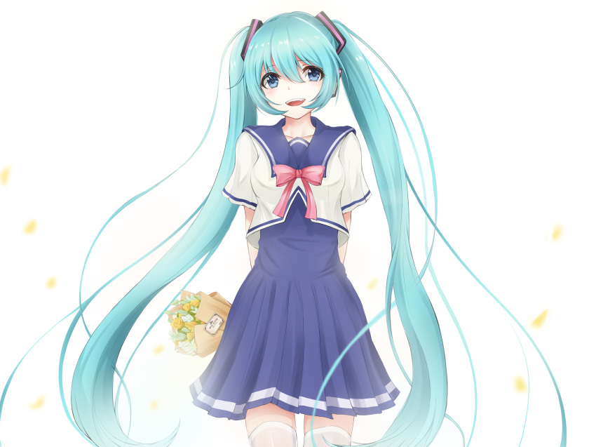 1girl absurdres aqua_hair arms_behind_back blue_dress blue_eyes bow breasts chinese_commentary commentary_request dress flower hair_between_eyes hair_ornament hatsune_miku highres jidai_no_konoe long_hair looking_at_viewer open_mouth project_diva_(series) sailor sailor_collar sailor_dress smile standing thigh-highs twintails upper_body very_long_hair vocaloid white_legwear