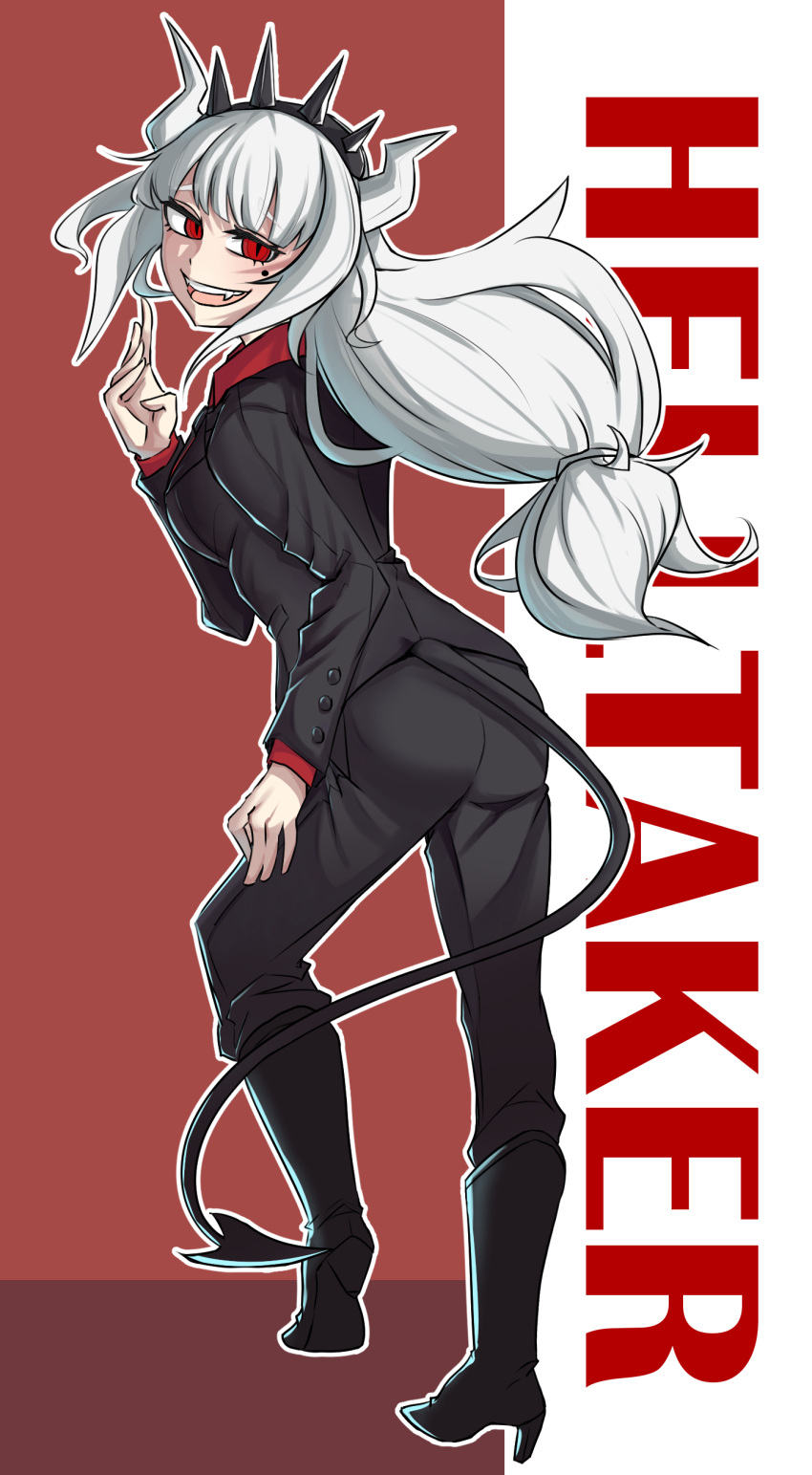 absurdres ankle_boots black_suit boots business_suit demon_girl eyebrows eyebrows_visible_through_hair formal helltaker high_heel_boots highres large_buttons legs legs_apart lucifer_(helltaker) red_eyes smug suit tail