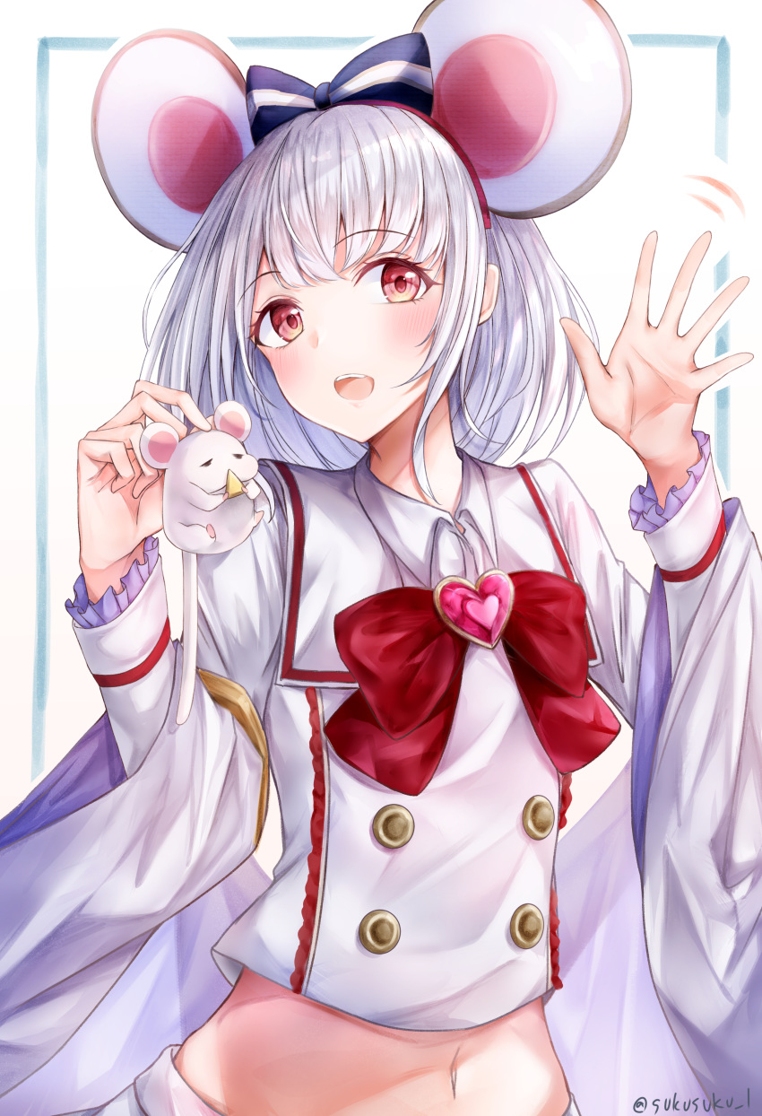 1girl :d absurdres animal animal_ears artist_name bangs blue_ribbon blush bow cheese commentary_request crop_top double-breasted eyebrows_visible_through_hair fake_animal_ears food granblue_fantasy hair_ornament hair_ribbon hands_up heart highres holding long_hair long_sleeves looking_at_viewer midriff mouse mouse_ears navel open_mouth red_bow red_eyes ribbon shirt short_hair silver_hair smile solo striped striped_ribbon sukuemon upper_body upper_teeth vikala_(granblue_fantasy) white_shirt