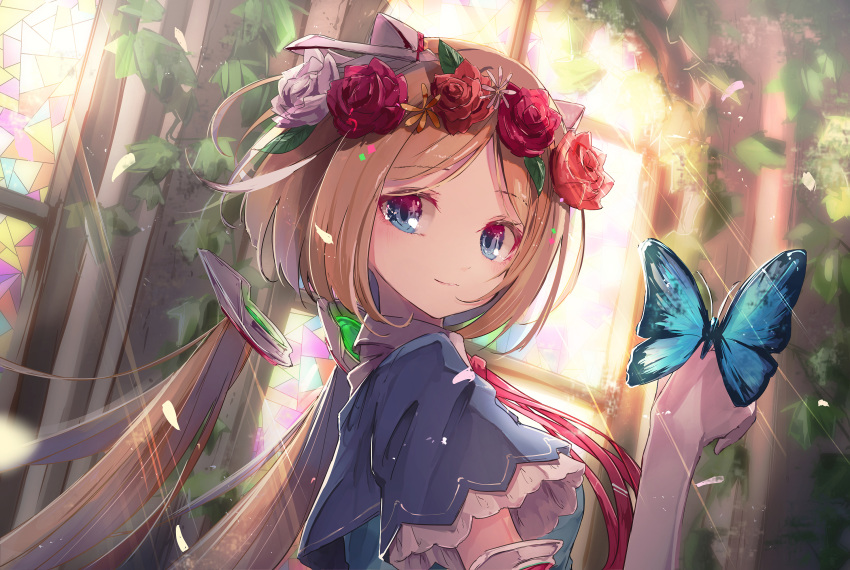 1girl aki_rosenthal animal bangs blue_eyes blue_shirt blurry blurry_background brown_flower brown_hair bug butterfly closed_mouth commentary_request depth_of_field detached_hair elf eyebrows_visible_through_hair flower hair_flower hair_ornament hands_up headgear highres hololive insect long_hair low_twintails neck_ribbon ninniku_mashimashi parted_bangs pointy_ears red_flower red_ribbon red_rose ribbon rose shirt short_sleeves smile solo stained_glass twintails virtual_youtuber white_flower white_rose wide_sleeves window