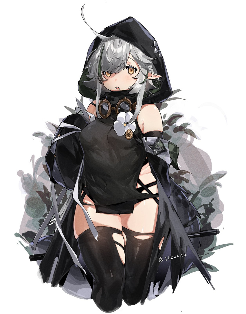 1girl ahoge arknights bangs black_legwear breasts crocodilian_tail cropped_legs detached_sleeves flower goggles goggles_around_neck green_hair grey_hair highres hood hood_up ierotak medium_breasts multicolored_hair open_mouth pointy_ears short_hair_with_long_locks solo streaked_hair tail thigh-highs tomimi_(arknights) torn_clothes torn_legwear twitter_username white_flower yellow_eyes