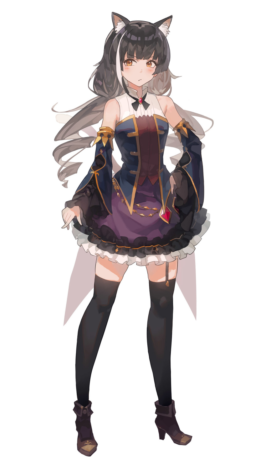 1girl animal_ear_fluff animal_ears ankle_boots bangs bare_shoulders black_hair black_legwear boots cat_ears cat_girl cat_tail cosplay detached_sleeves dress frilled_sleeves frills full_body garter_straps hand_on_hip high_heel_boots high_heels highres idolmaster idolmaster_shiny_colors karyl_(princess_connect!) karyl_(princess_connect!)_(cosplay) kemonomimi_mode long_hair long_sleeves looking_at_viewer low_twintails madaragi mayuzumi_fuyuko multicolored multicolored_clothes multicolored_dress multicolored_hair princess_connect! princess_connect!_re:dive solo standing streaked_hair tail thigh-highs twintails two-tone_hair very_long_hair white_background white_hair zettai_ryouiki