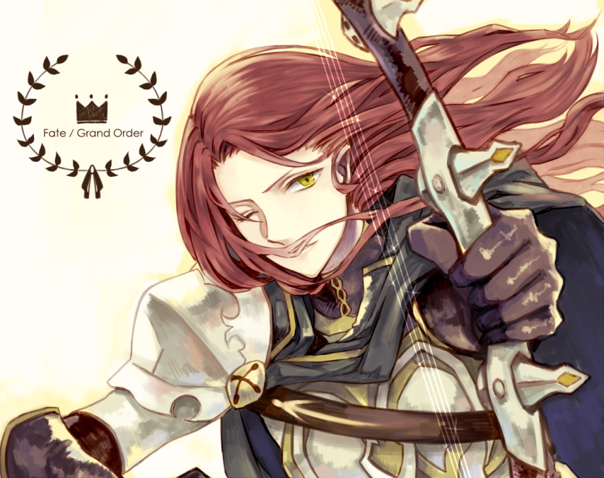 1boy armor bishounen black_cloak black_gloves bow_(weapon) cloak closed_eyes copyright_name failnaught_(fate) fate/grand_order fate_(series) gloves harp holding holding_weapon instrument kinoko_umaiyone knight long_hair long_sleeves male_focus one_eye_closed redhead simple_background solo tristan_(fate/grand_order) upper_body weapon white_background