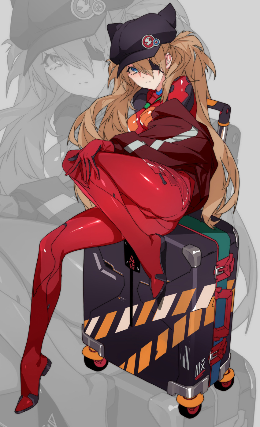 1girl absurdres animal_hat ass black_headwear blue_eyes bodysuit breasts cat_hat closed_mouth commentary ears english_commentary evangelion:_3.0_you_can_(not)_redo expressionless eyepatch grandia_lee hand_on_own_leg hat head_tilt highres jacket leg_up long_hair looking_at_viewer medium_breasts neon_genesis_evangelion rebuild_of_evangelion red_bodysuit red_jacket redhead rolling_suitcase shikinami_asuka_langley sitting sitting_on_object solo souryuu_asuka_langley suitcase very_long_hair