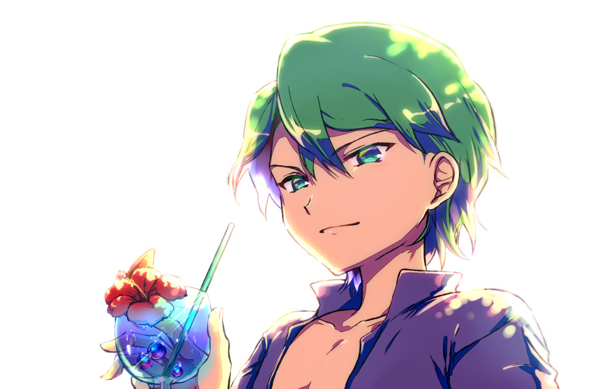1boy bangs closed_mouth collarbone commentary_request cup drinking_straw flower glass green_eyes green_hair hair_between_eyes highres holding holding_cup liquid male_focus open_clothes open_shirt pokemon pokemon_(anime) pokemon_rse_(anime) purple_shirt red_flower ryuzaki0827 shirt shuu_(pokemon) solo