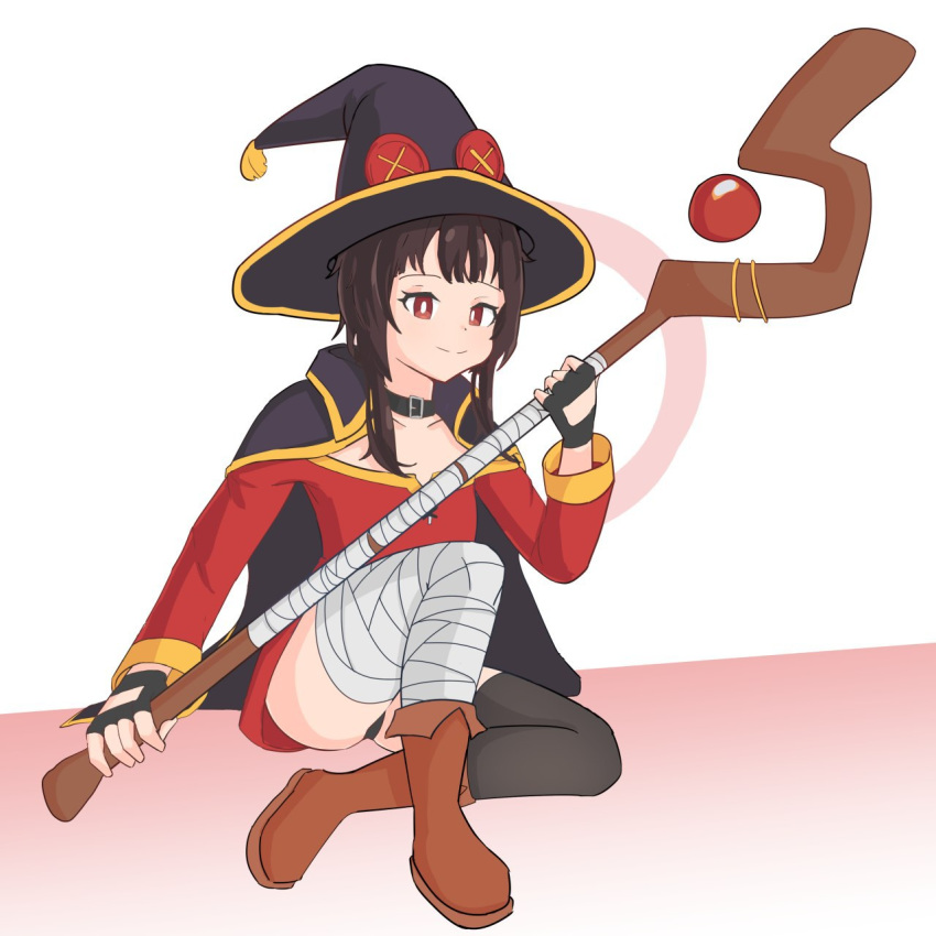 1girl bandages bangs black_cloak bow bow_panties breasts choker cloak dress hat highres holding holding_staff kono_subarashii_sekai_ni_shukufuku_wo! looking_at_another looking_at_viewer megumin panties red_dress red_eyes simple_background sleeves small_breasts solo staff telamoxy underwear witch_hat