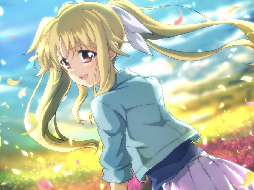 1girl backlighting bangs blonde_hair blue_shirt blue_sky blurry blurry_background clouds cloudy_sky commentary day depth_of_field dutch_angle fate_testarossa field flower flower_field from_behind hair_ribbon jacket kashima_fumi long_sleeves looking_at_viewer looking_back lyrical_nanoha mahou_shoujo_lyrical_nanoha miniskirt open_mouth outdoors petals pink_skirt pleated_skirt red_eyes ribbon shirt skirt sky smile solo standing twintails white_jacket white_ribbon wind