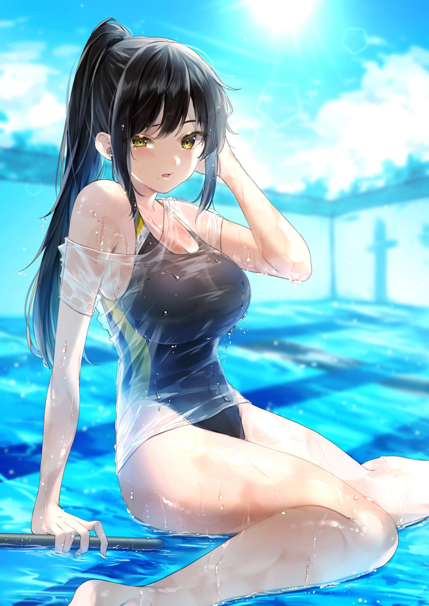 1girl bare_legs bare_shoulders black_hair blush breasts hand_behind_head harui_(hr_x9_) highres holding large_breasts looking_at_viewer mole mole_on_breast mole_under_mouth off-shoulder_shirt off_shoulder original ponytail pool see-through shiny shiny_skin shirt sitting solo sunlight swimsuit swimsuit_under_clothes thighs two-tone_swimsuit wet wet_clothes wet_hair wet_shirt yellow_eyes