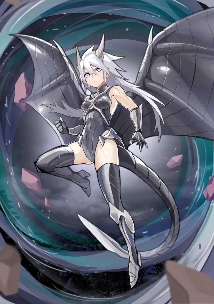 1girl absurdres baniran_dorosu bare_shoulders blue_eyes clenched_hand closed_mouth covered_nipples dragon_girl dragon_horns dragon_tail dragon_wings flying flying_sweatdrops gauntlets grey_legwear grey_leotard hair_between_eyes high_heels highres horns leotard long_hair original personification rock rubble slit_pupils solo tail white_hair wings