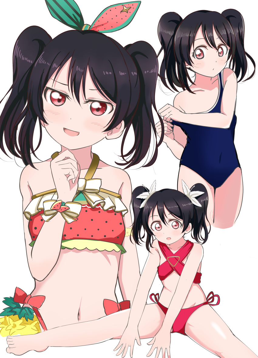1girl :d absurdres bangs barefoot bikini black_hair blue_swimsuit bow collarbone covered_navel flat_chest flower food_print green_bow hair_between_eyes hair_bow hair_flower hair_ornament highres long_hair love_live! love_live!_school_idol_project navel off_shoulder open_mouth polka_dot polka_dot_bikini print_bikini red_bikini red_eyes school_swimsuit shiny shiny_hair side-tie_bikini simple_background smile striped striped_bow swimsuit twintails undressing watermelon_print wewe white_background white_flower yazawa_nico