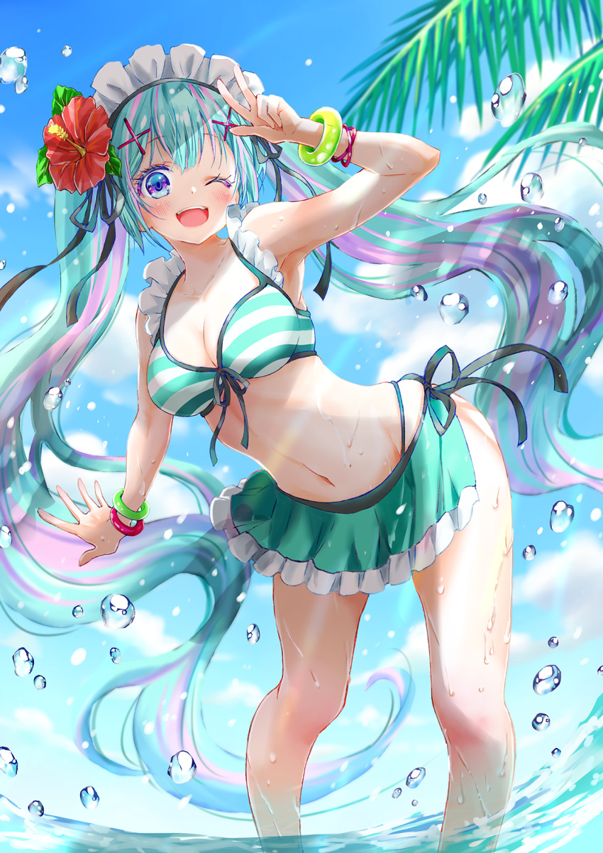 1girl 24maid3 ;d aqua_bikini aqua_hair bikini blue_eyes blue_sky blush breasts clouds commentary_request day flower hair_flower hair_ornament hand_up hatsune_miku highres long_hair looking_at_viewer maid_headdress medium_breasts multicolored_hair navel one_eye_closed open_mouth pink_hair side-tie_bikini sky smile solo standing striped striped_bikini swimsuit twintails two-tone_hair v vocaloid water wet