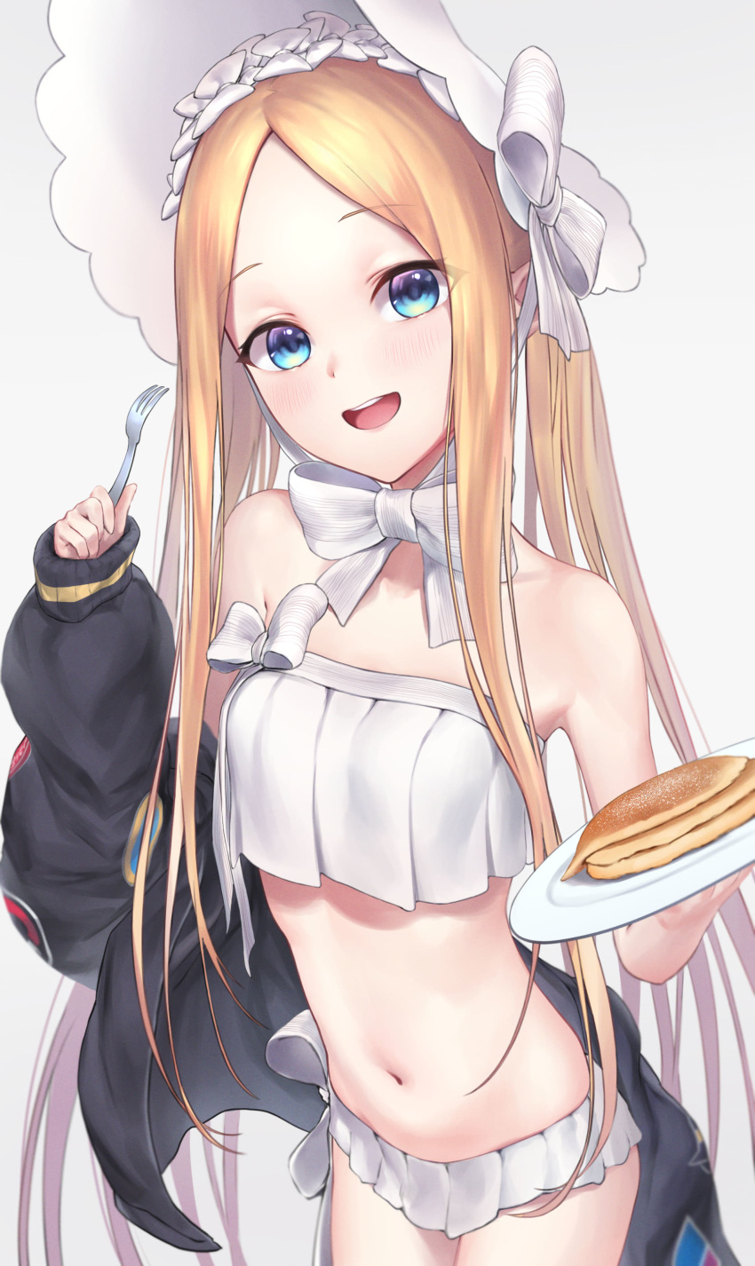1girl abigail_williams_(fate/grand_order) abigail_williams_(swimsuit_foreigner)_(fate) absurdres bangs bare_shoulders bikini black_jacket blonde_hair blue_eyes blush bonnet bow breasts fate/grand_order fate_(series) food forehead fork hair_bow highres jacket long_hair looking_at_viewer miniskirt monegi navel off_shoulder open_clothes open_jacket open_mouth pancake parted_bangs plate sidelocks skirt small_breasts smile swimsuit twintails very_long_hair white_background white_bikini white_bow white_headwear