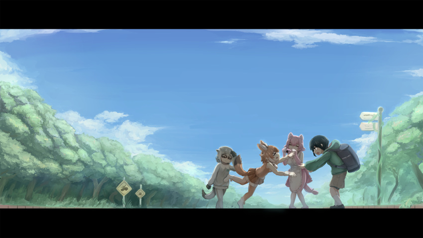 &gt;_&lt; 4girls animal_ears black_hair blue_sky brown_hair captain_(kemono_friends) cat_girl closed_eyes day dhole_(kemono_friends) dog_ears dog_girl dog_tail elbow_gloves eyebrows_visible_through_hair facing_another falling furrowed_eyebrows glasses gloves grey_hair highres kemono_friends kemono_friends_3 knees_together_feet_apart letterboxed looking_at_another meerkat_(kemono_friends) meerkat_ears meerkat_tail multiple_girls okyao outdoors panther_ears panther_tail pantyhose peach_panther_(kemono_friends) pink_hair scenery shirt shoes short_hair shorts sign skirt sky smile standing sweater tail thigh-highs tree tripping walking zettai_ryouiki