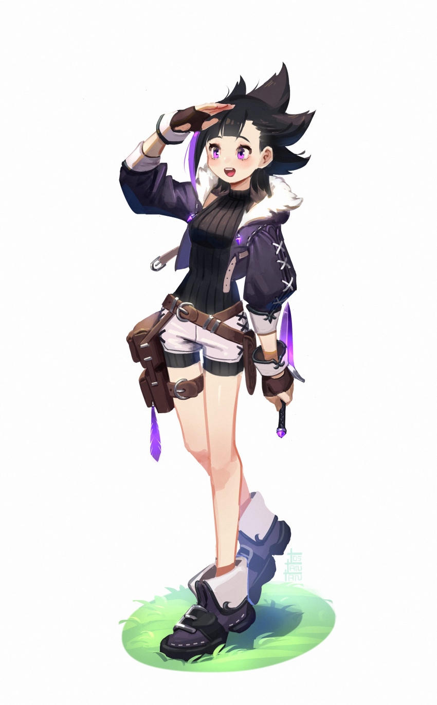 1girl :d absurdres ankle_boots belt belt_pouch black_hair boots cropped_jacket dagger english_commentary fantasy fingerless_gloves full_body fur_trim gloves grass highres jacket multicolored_hair open_clothes open_jacket open_mouth original pouch purple_hair reverse_grip shorts signature smile solo streaked_hair tostantan two-tone_hair upper_teeth violet_eyes weapon white_background