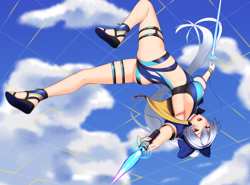 1girl armpits ass bangs blue_bow blue_jacket blue_sky blue_swimsuit blush bow breasts dual_wielding energy_sword fate/grand_order fate_(series) hair_between_eyes hair_bow highleg highleg_swimsuit highres holding jacket jumping kuroshiro_(ms-2420) large_breasts legs long_hair looking_at_viewer one-piece_swimsuit open_mouth ponytail red_eyes sandals short_sleeves silver_hair sky smile swimsuit sword thigh_strap thighs tomoe_gozen_(fate/grand_order) tomoe_gozen_(swimsuit_saber)_(fate) two-tone_swimsuit upside-down weapon white_swimsuit