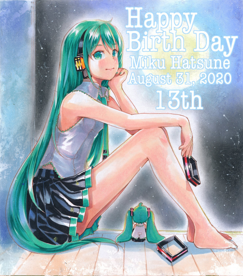 2girls aqua_eyes aqua_hair aqua_nails aqua_neckwear arm_rest bangs bare_arms bare_legs bare_shoulders barefoot black_skirt blush breasts character_name closed_mouth collared_shirt dated english_text facing_away from_side full_moon green_eyes green_hair grey_shirt hair_down hair_ornament hair_ornament_removed happy_birthday hatsune_miku head_rest headphones headset highres holding knees_up long_hair looking_at_viewer mayo_riyo minigirl miniskirt moon multiple_girls nail_polish necktie night night_sky on_floor outstretched_arm pleated_skirt shirt sitting skirt sky sleeveless sleeveless_shirt small_breasts smile twintails very_long_hair vocaloid wooden_floor