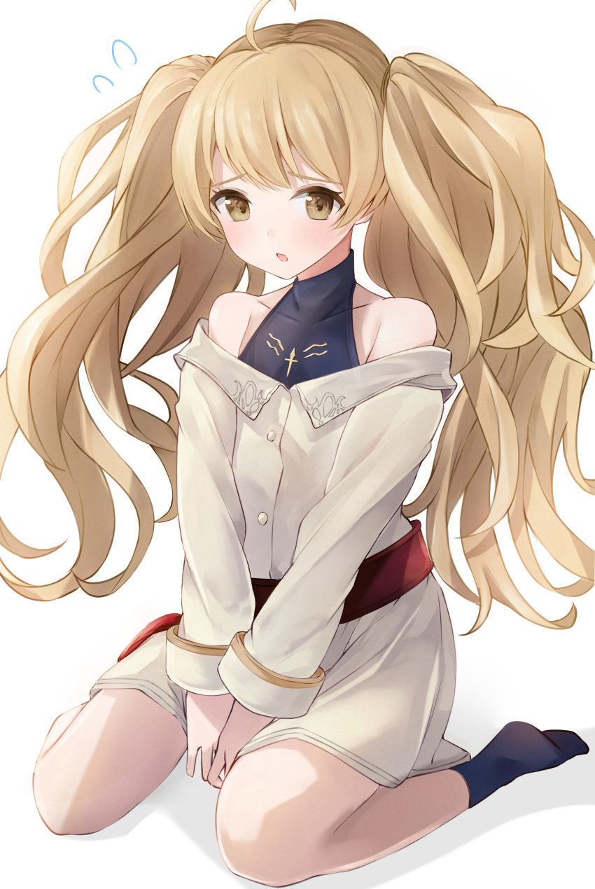 1girl absurdres ahoge bangs bare_shoulders belt between_legs blonde_hair blush breasts brown_eyes collarbone commentary_request flying_sweatdrops granblue_fantasy hand_between_legs highres long_hair long_sleeves looking_at_viewer monika_weisswind no_shoes off_shoulder open_mouth red_belt shirt simple_background sitting skirt socks solo sukuemon twintails v_arms very_long_hair wariza white_background white_skirt