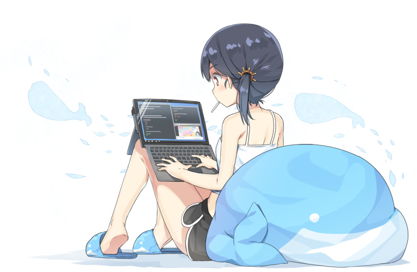 1girl bare_arms bare_legs bare_shoulders black_hair black_shorts breasts camisole candy chinese_commentary commentary_request computer food from_behind hatsunatsu in_mouth laptop leaning_back lollipop original red_eyes short_hair short_shorts shorts side_ponytail sitting slippers small_breasts solo stuffed_animal stuffed_toy stuffed_whale white_camisole