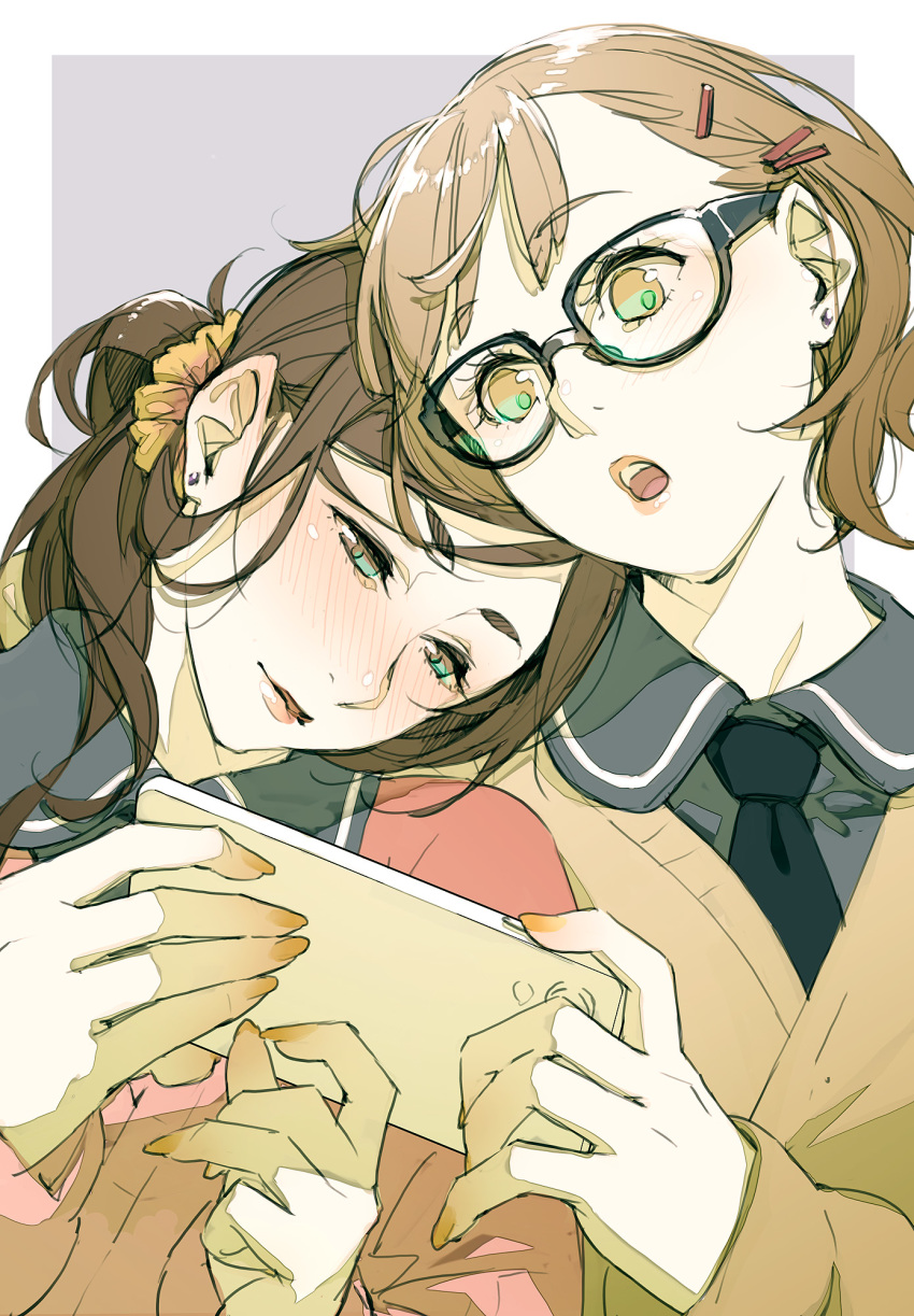 2girls black-framed_eyewear black_neckwear blush brown_hair cellphone earrings eyebrows_visible_through_hair fingernails glasses green_eyes hair_ornament hairclip half-closed_eyes head_on_shoulder highres holding holding_phone jewelry kyo_(kuroichigo) light_brown_hair lipstick long_hair makeup multiple_girls necktie open_mouth orange_lipstick orange_nails original parted_lips phone pink_lips ponytail scrunchie short_hair single_earring teeth tongue two-tone_background upper_body upper_teeth yellow_scrunchie