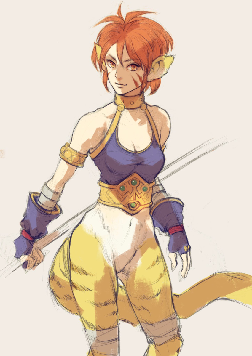 1girl animal_ears breasts breath_of_fire breath_of_fire_ii bustier cat_ears cat_tail closed_mouth commentary facial_mark furry gloves highres holding kannoaki looking_at_viewer no_panties no_pants orange_hair pointy_ears rinpoo_chuan short_hair simple_background smile solo staff standing tail