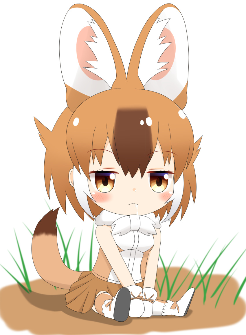 1girl animal_ear_fluff animal_ears bangs bare_shoulders blush boots breasts brown_eyes brown_hair brown_legwear brown_skirt chibi closed_mouth commentary_request dhole_(kemono_friends) drooling eyebrows_visible_through_hair full_body gloves hair_between_eyes highres kemono_friends multicolored_hair pleated_skirt revision saliva shin01571 shirt shoe_soles sitting skirt sleeveless sleeveless_shirt small_breasts solo tail tail_raised thigh-highs two-tone_hair white_background white_footwear white_gloves white_hair white_shirt