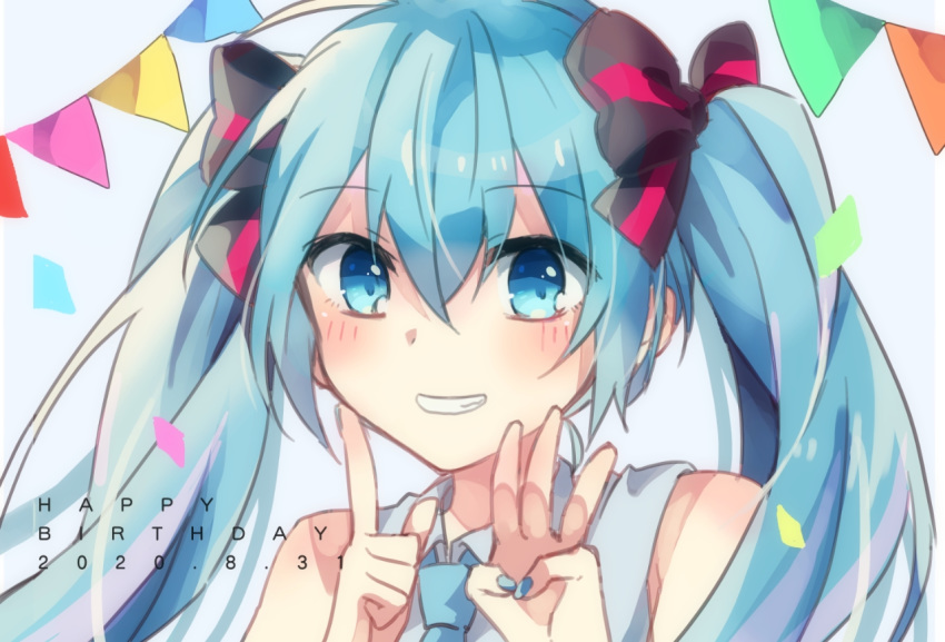 1girl bangs bare_shoulders black_bow blue_eyes blue_hair blue_nails blue_neckwear blush bow collared_shirt commentary dated eyebrows_visible_through_hair grey_shirt grin hair_between_eyes hair_bow hands_up happy_birthday hatsune_miku looking_at_viewer nail_polish necktie pennant shirt sleeveless sleeveless_shirt smile solo string_of_flags striped striped_bow twintails vocaloid yuruno