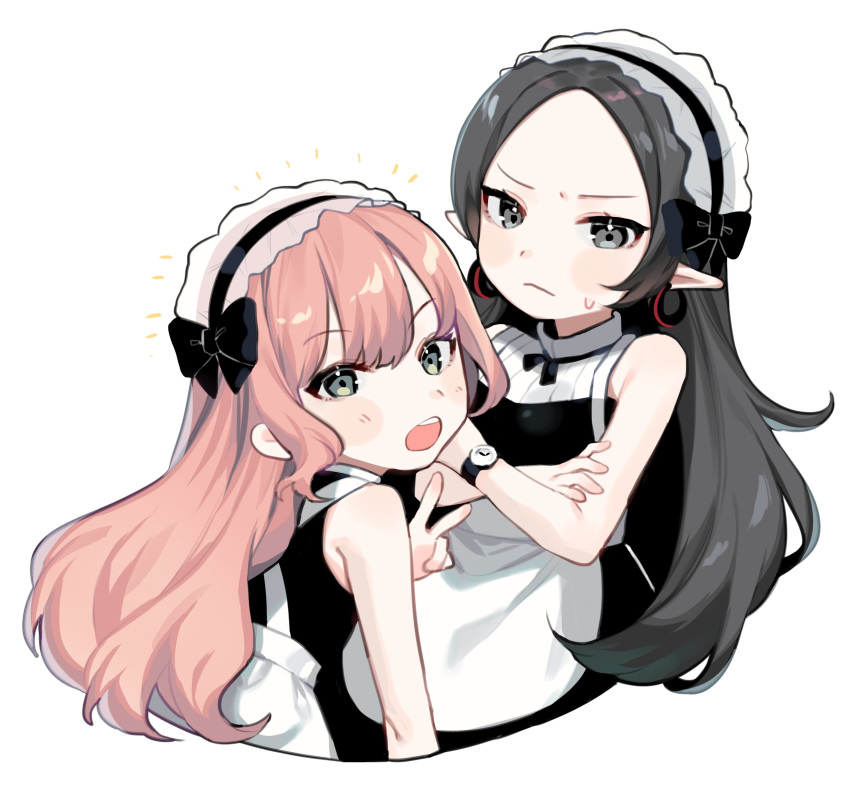 2girls bare_shoulders black_bow black_hair black_neckwear blush bow closed_mouth crossed_arms earrings eyebrows_visible_through_hair frown grey_eyes highres hoop_earrings jewelry long_hair looking_back maid maid_headdress multiple_girls open_mouth original pink_hair pointy_ears see-through simple_background sweat teeth upper_body useq1067 v watch white_background