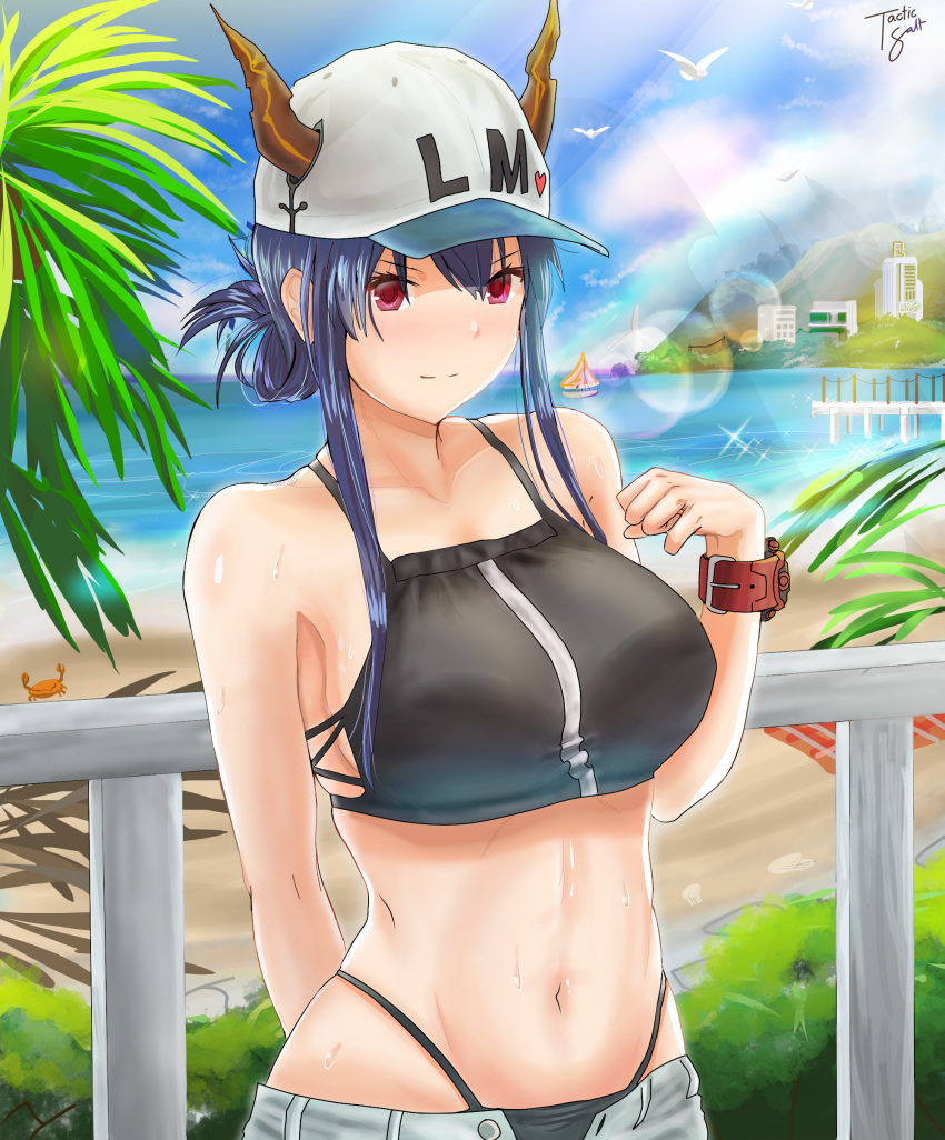 1girl absurdres arknights arm_behind_back bangs bare_arms bare_shoulders baseball_cap bikini black_bikini blue_hair blue_sky breasts ch'en_(arknights) clouds commentary crab day dragon_horns english_commentary hand_up hat highleg highleg_bikini highres horns horns_through_headwear large_breasts lens_flare long_hair looking_at_viewer navel ocean open_fly railing red_eyes sidelocks sky solo stomach swimsuit tacticsalt upper_body water