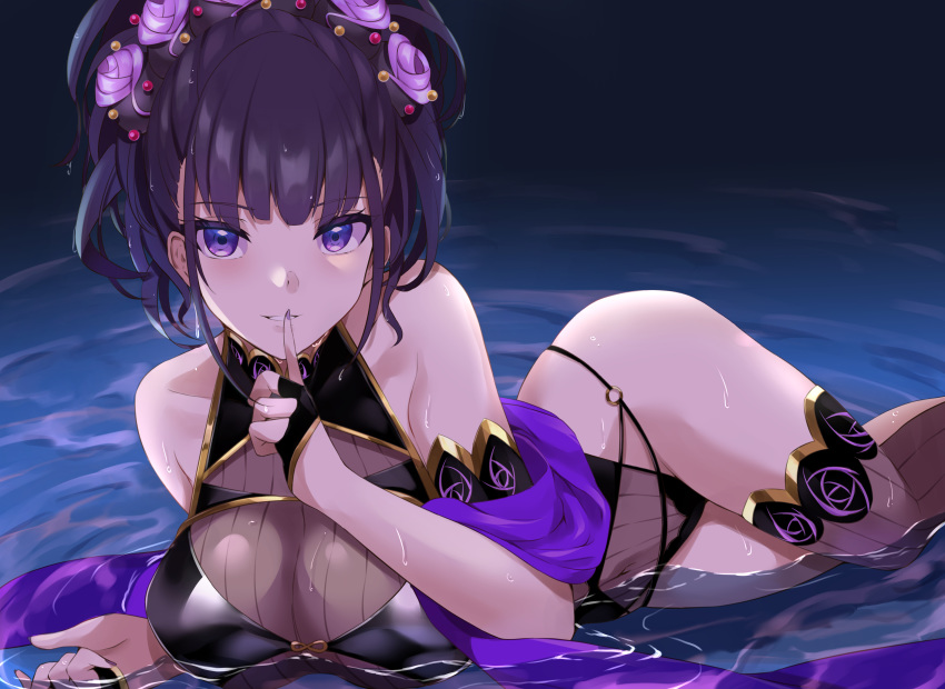 1girl absurdres armlet bangs bare_shoulders black_gloves black_swimsuit blush breasts covered_navel fate/grand_order fate_(series) fingerless_gloves flower gloves hair_flower hair_ornament hair_up half_gloves haneramu highleg highleg_swimsuit highres index_finger_raised large_breasts long_hair looking_at_viewer murasaki_shikibu_(fate) murasaki_shikibu_(swimsuit_rider)_(fate) one-piece_swimsuit parted_lips purple_hair ripples shawl single_thighhigh smile swimsuit thigh-highs thighs tied_hair violet_eyes water wet