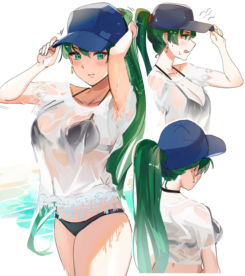 1girl absurdres asymmetrical_bangs bangs baseball_cap bikini black_bikini blue_headwear blush breasts earrings fire_emblem fire_emblem:_the_blazing_blade green_eyes green_hair hat high_ponytail highres jewelry large_breasts long_hair looking_at_viewer lyn_(fire_emblem) multiple_views ormille ponytail see-through shirt smile swimsuit thighs wading water wet wet_clothes wet_shirt wet_t-shirt white_background