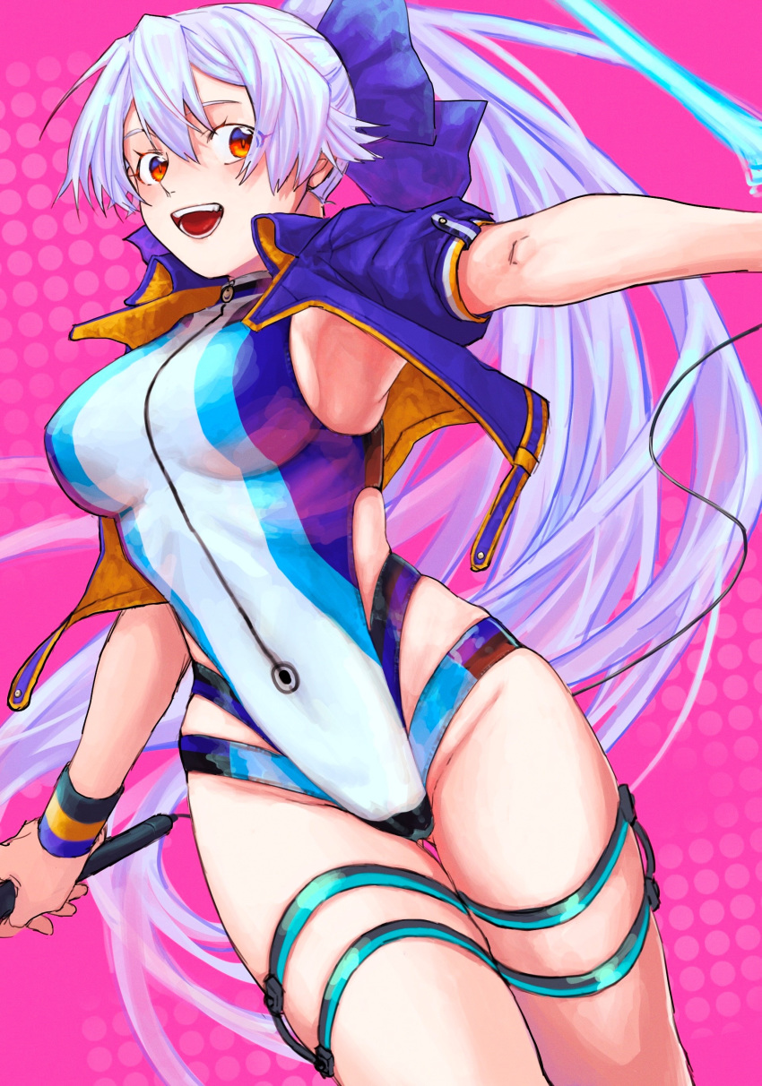 1girl :d absurdres ass_visible_through_thighs blue_bow blue_jacket blue_swimsuit bow breasts commentary_request competition_swimsuit cropped_jacket fate/grand_order fate_(series) hair_between_eyes hair_bow highleg highleg_swimsuit highres holding holding_sword holding_weapon jacket large_breasts long_hair looking_at_viewer multicolored multicolored_clothes multicolored_swimsuit one-piece_swimsuit open_mouth ponytail red_eyes sanmyaku short_sleeves silver_hair smile solo swimsuit sword thigh_strap tomoe_gozen_(fate/grand_order) tomoe_gozen_(swimsuit_saber)_(fate) very_long_hair weapon white_swimsuit