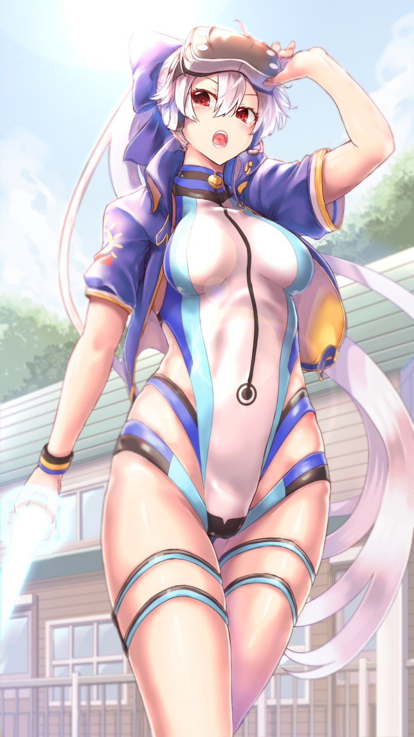 1girl :o adjusting_goggles blue_bow blue_jacket blue_sky blue_swimsuit bow competition_swimsuit cropped_jacket energy_sword fate/grand_order fate_(series) from_below goggles goggles_on_head hair_between_eyes hair_bow head_mounted_display headphones highleg highleg_swimsuit highres holding holding_sword holding_weapon house jacket long_hair multicolored multicolored_clothes multicolored_swimsuit one-piece_swimsuit outdoors ponytail red_eyes renkon_(s36tereste) short_sleeves silver_hair sky solo swimsuit sword thigh_strap tomoe_gozen_(fate/grand_order) tomoe_gozen_(swimsuit_saber)_(fate) very_long_hair weapon white_swimsuit