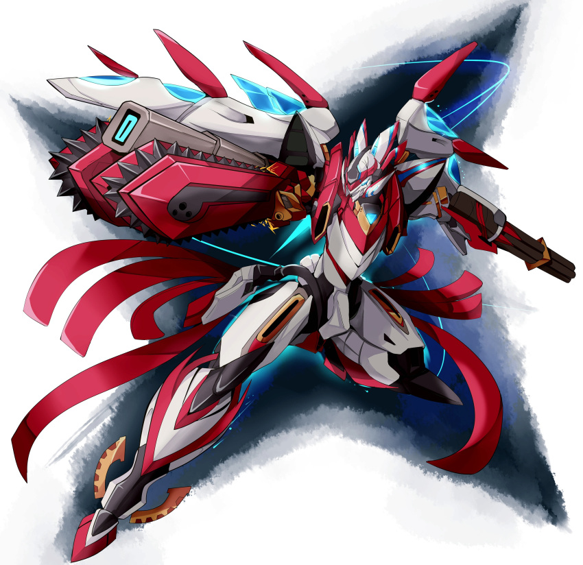 absurdres aiming blue_eyes chainsaw dynamic_pose gatling_gun glowing glowing_eyes gun highres holding holding_gun holding_weapon majestic_prince mecha no_humans red_five solo weapon ypf93