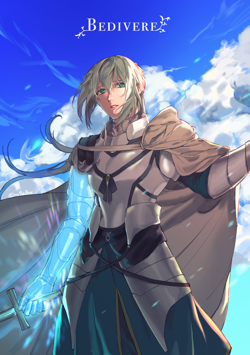 1boy absurdres armor bedivere blonde_hair braid breastplate cape character_name closed_mouth clouds fate/grand_order fate_(series) gauntlets green_eyes highres holding holding_sword holding_weapon knight long_hair looking_to_the_side male_focus na70413 outdoors ponytail prosthesis prosthetic_arm sky solo sword weapon white_cape