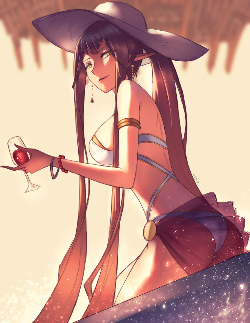 1girl alcohol ark_ford armlet bikini black_hair bracelet cup drinking_glass earrings fate/grand_order fate_(series) hat highres holding holding_cup jewelry long_hair looking_at_viewer looking_back pointy_ears sarong see-through semiramis_(fate) solo splashing sun_hat swimsuit very_long_hair water white_bikini white_headwear wine wine_glass yellow_eyes