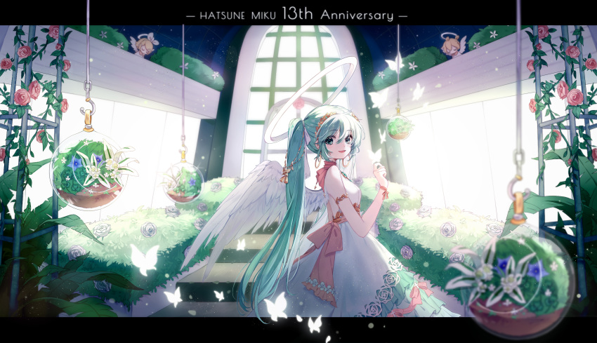 1girl angel angel_wings anniversary aqua_eyes aqua_hair arch armlet bangs bare_shoulders blue_flower blue_rose blurry breasts brooch bug bush butterfly chain character_doll character_name depth_of_field dress earrings feathered_wings flower flower_trim from_side glass glowing_butterfly green_eyes green_hair green_theme hair_ribbon halo halter_dress hanging_plant hatsune_miku highres hoop_earrings indoors insect jewelry kagamine_len kagamine_rin laurel_crown letterboxed light_particles long_hair looking_at_viewer lying medium_breasts nishina_hima plant planter red_flower red_rose ribbon rose sash sleeveless sleeveless_dress smile solo stairs twintails very_long_hair vines vocaloid white_dress white_flower white_ribbon white_wings window wings wrist_ribbon