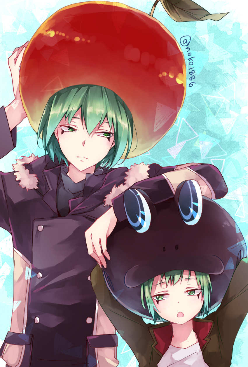 2boys age_difference age_progression animal_hat arm_up arms_behind_head artist_name bangs buttons child closed_mouth coat collar collared_jacket fran_(reborn) frog_hat fruit_hat fur_collar fur_trim green_eyes green_hair green_jacket hand_on_headwear hat highres jacket katekyo_hitman_reborn long_sleeves looking_at_another looking_down looking_to_the_side male_focus multiple_boys multiple_persona noko_(noko1886) open_clothes open_jacket shirt short_hair standing straight_hair uniform white_shirt