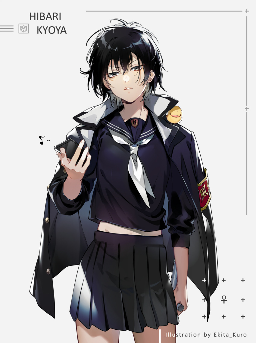 1girl animal_on_shoulder artist_name bangs bird bird_on_shoulder black_hair black_jacket black_shirt black_skirt breasts buttons character_name collar collared_jacket ekita_xuan genderswap genderswap_(mtf) grey_background hibari_kyouya hibird highres holding holding_phone holding_weapon jacket jacket_on_shoulders katekyo_hitman_reborn long_sleeves looking_at_viewer musical_note open_clothes open_jacket parted_lips phone pleated_skirt sailor_collar school_uniform shirt short_hair simple_background skirt small_breasts solo standing tonfa weapon white_neckwear