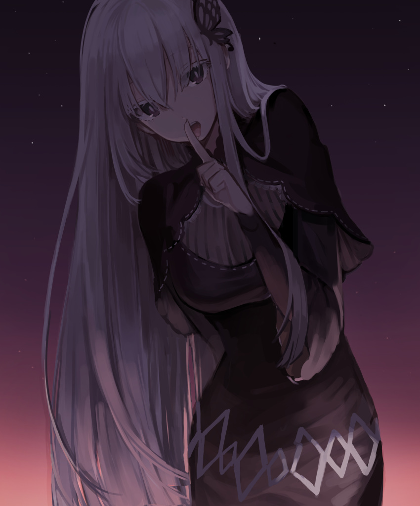 1girl absurdres arm_behind_back bangs black_dress breasts butterfly_hair_ornament capelet cowboy_shot dress echidna_(re:zero) finger_licking finger_to_mouth gradient_sky hair_between_eyes hair_flowing_over hair_ornament highres leaning_to_the_side licking long_hair long_sleeves looking_at_viewer medium_breasts open_mouth re:zero_kara_hajimeru_isekai_seikatsu seorang short_over_long_sleeves short_sleeves shushing silver_hair sky solo star_(sky) tongue tongue_out twilight very_long_hair violet_eyes